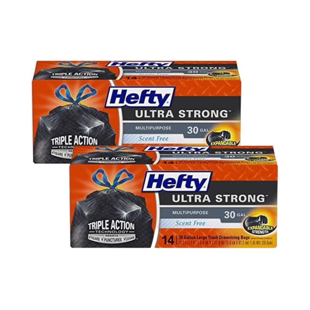 Hefty Ultra Strong Multipurpose Large Trash Bags, Black, Unscented, 30 Gallon 14 Count (Pack of 2)